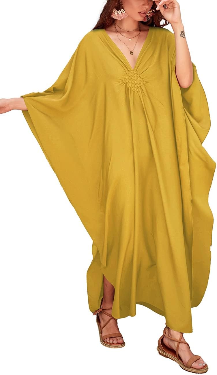 Bsubseach Women Solid Color Cover Up V Neck Batwing Sleeve Plus Size Beach Kaftan Dresses - Image 1